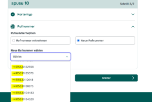 Die Rufnummernauswahl von spusu per Dropdown.