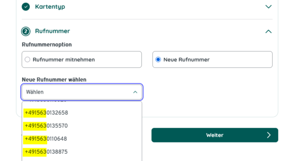 Die Rufnummernauswahl von spusu per Dropdown.