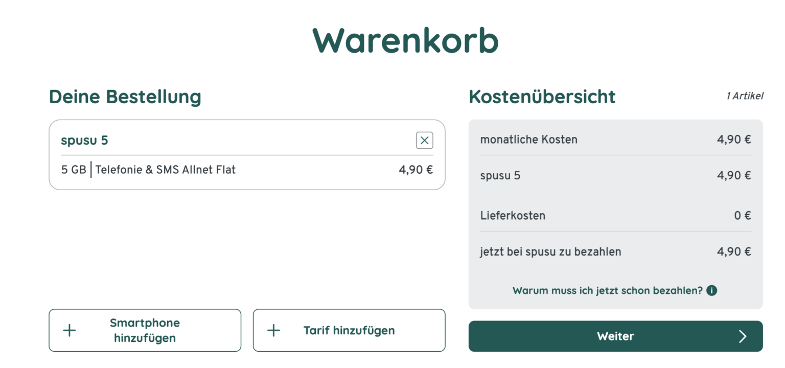 Ansicht des Warenkorbs von spusu.