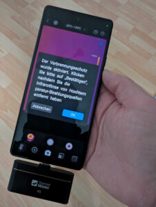 Die App zur Thermalmaster P3 gibt eine Warnmeldung aus, wenn die Kamera zu nah an einer Wärmequelle ist