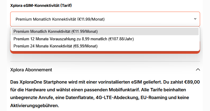 Screenshot: Xplora Connect Tarifübersicht: Flex, 12 Monate und 24 Monate Laufzeit