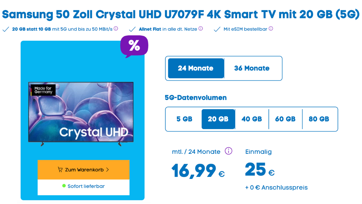 Samsung 50 Zoll TV mit Blau Allnet S