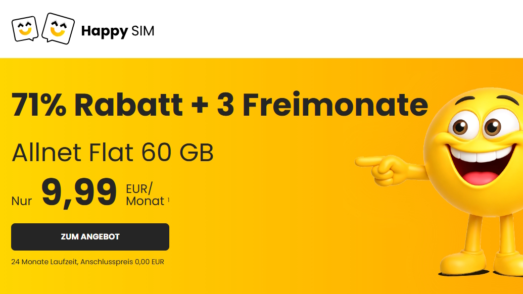 Happy SIM mit 3 Freimonaten bei 60 GB – Aktionsheader vom 31.08.2026