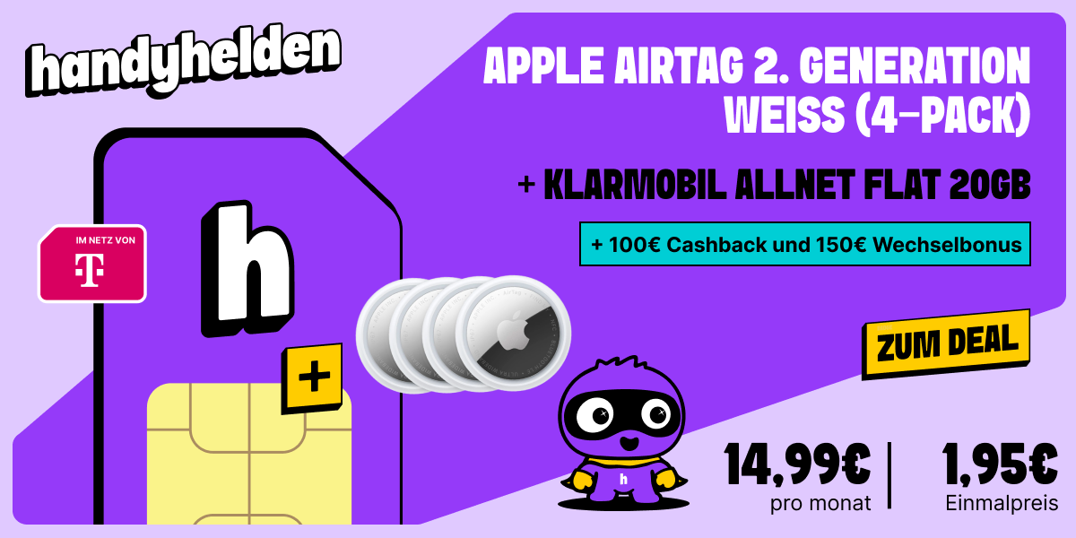 Apple AirTag 4er Pack mit klarmobil Allnet Flat im Telekom Netz und 20 GB