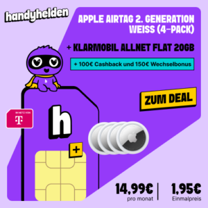 Apple AirTag 4er Pack mit klarmobil Allnet Flat im Telekom Netz und 20 GB