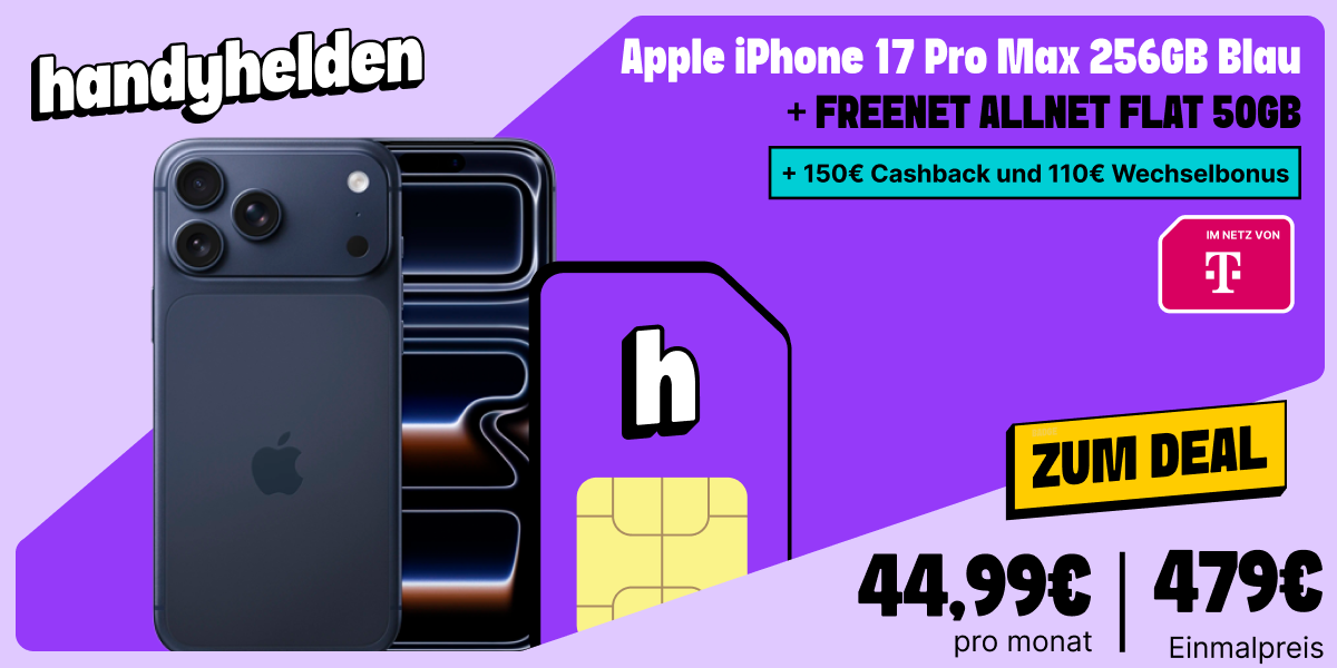 Handyhelden: iPhone 17 Pro Max + freenet AF Tk-Netz – Header vom 23.10.2026