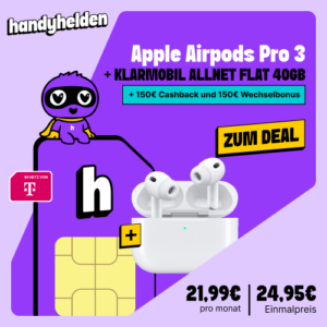 AirPods Pro 3 + klarmobil Telekom-Netz + 300 € Boni Weekend-Deal!