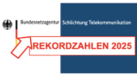 Logo der Bundesnetzagentur, Abteilung Schlichtung Telekommunikation, darunter steht in roter Schrift Rekordzahlen 2025, ergänzt von einem roten Pfeil, der nach oben zeigt.