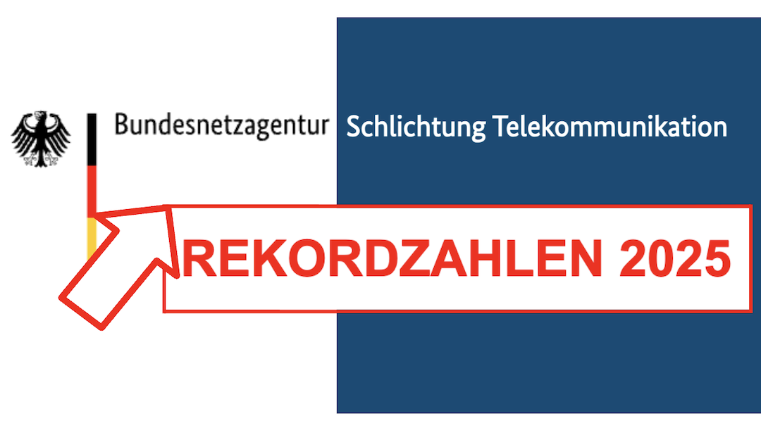 Logo der Bundesnetzagentur, Abteilung Schlichtung Telekommunikation, darunter steht in roter Schrift Rekordzahlen 2025, ergänzt von einem roten Pfeil, der nach oben zeigt.