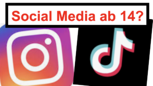 Instagram- und TikTok-Logo schräg nebeneinander, darüber der Schriftzug: Social Media ab 14?
