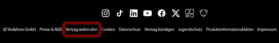Vodafone Button Lösung für den Widerruf im Footer