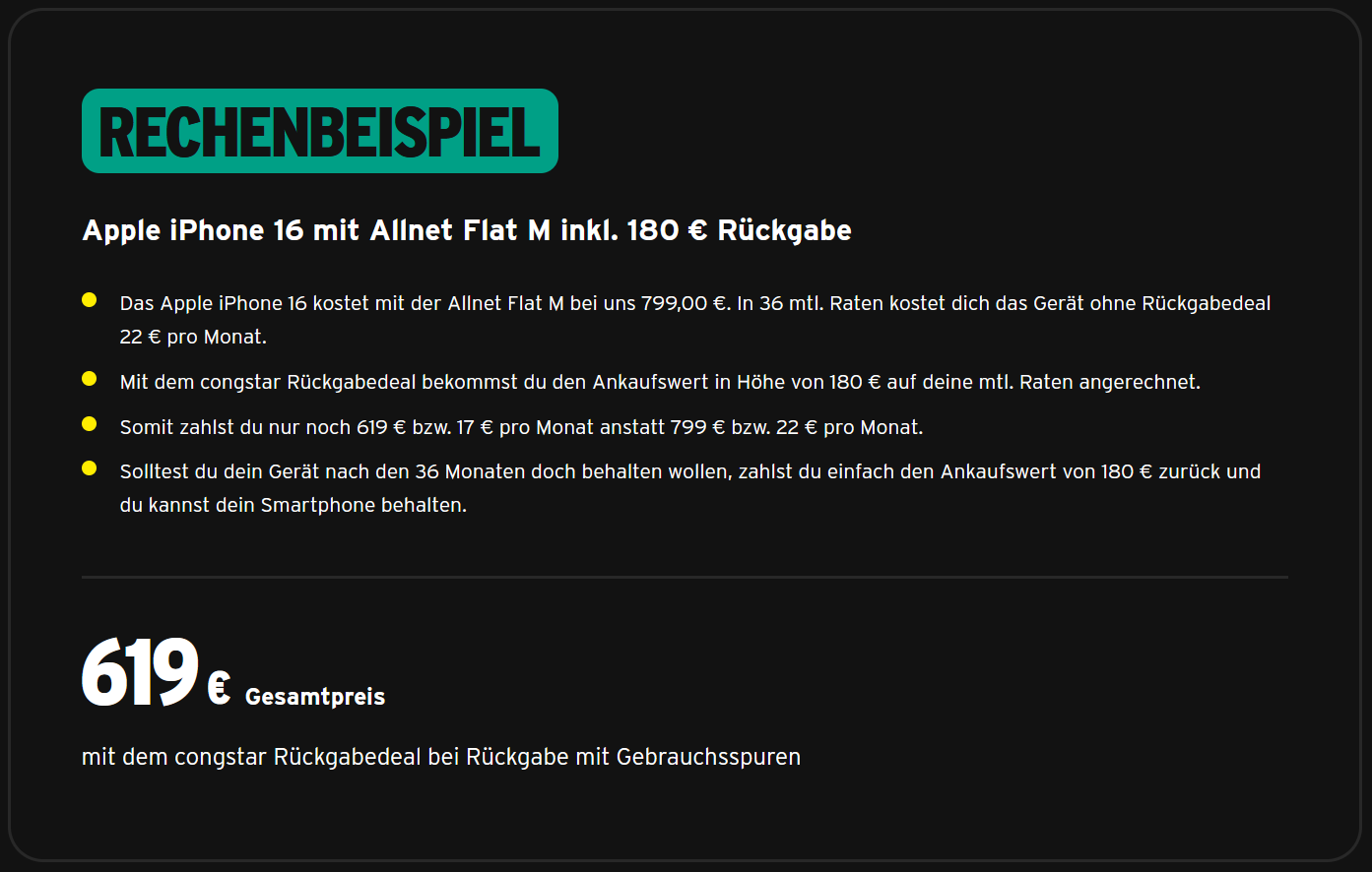 congstar Rückgabedeal Beispielrechnung
