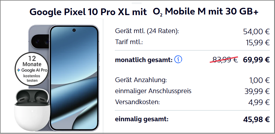 Google Pixel 10 Pro XL mit Buds Aktion bei o2